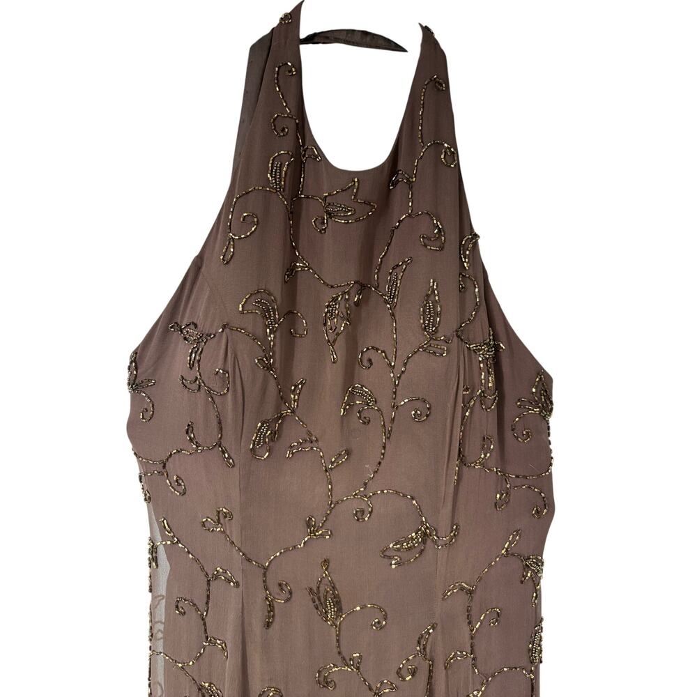 Cassandra Stone Brown 100% Silk Floral Beaded Halter Formal Prom Dress Womens 8 - Picture 3 of 11